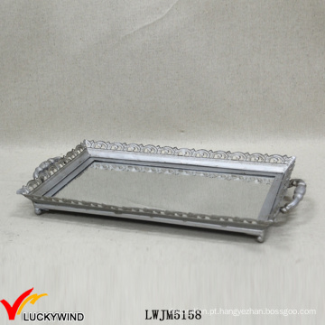 Bandeja de espelho decorativo de metal antigo de prata com alça